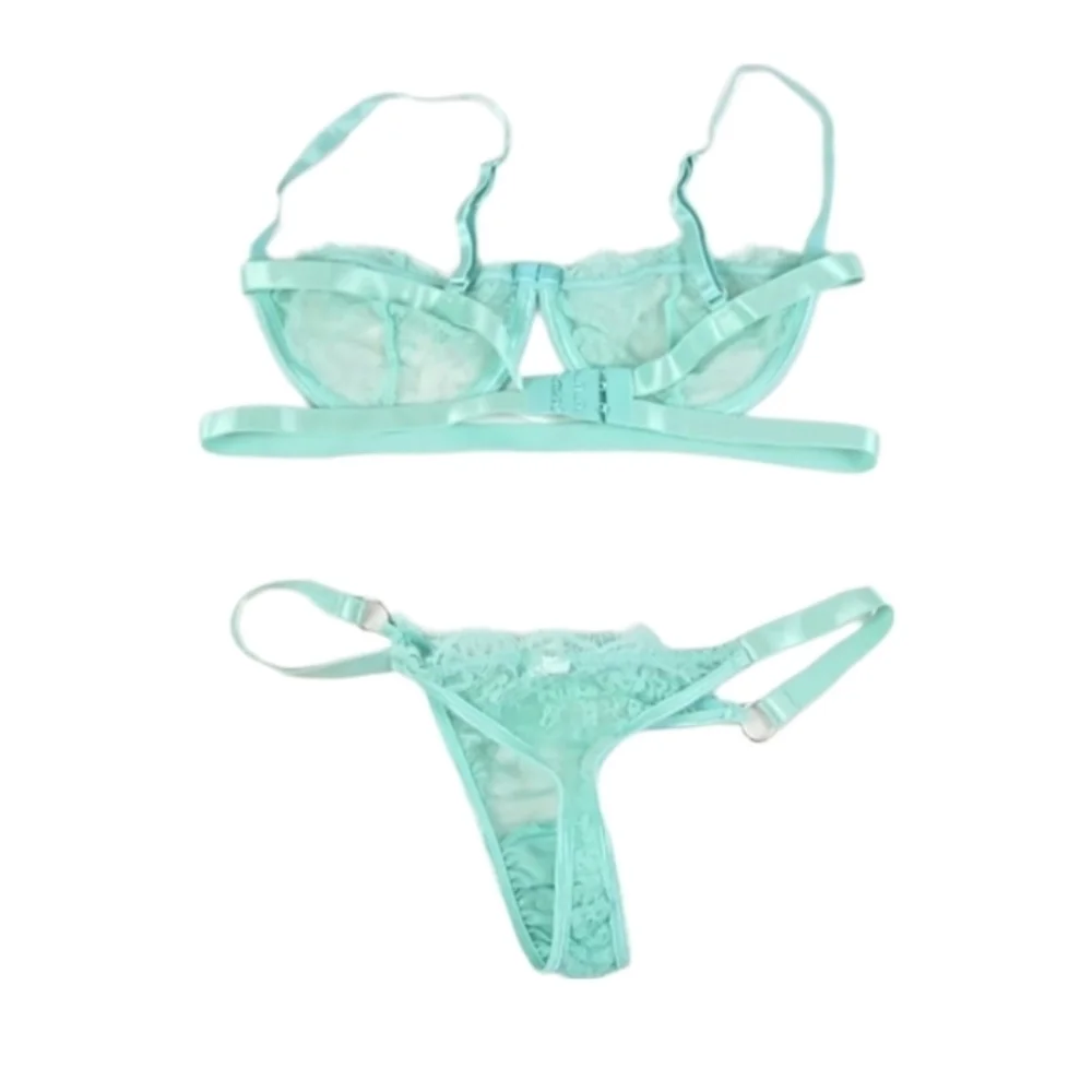 Sheer Lace Underwire Bra and Thong Panty Lingerie Set in Teal Green, Size M